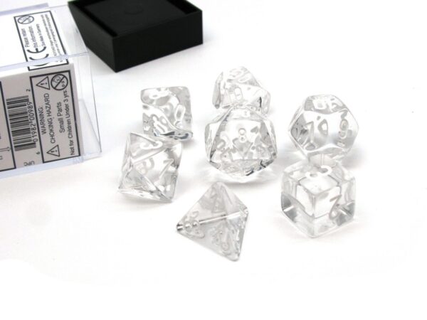 Dés en boite Translucent Clear w/white